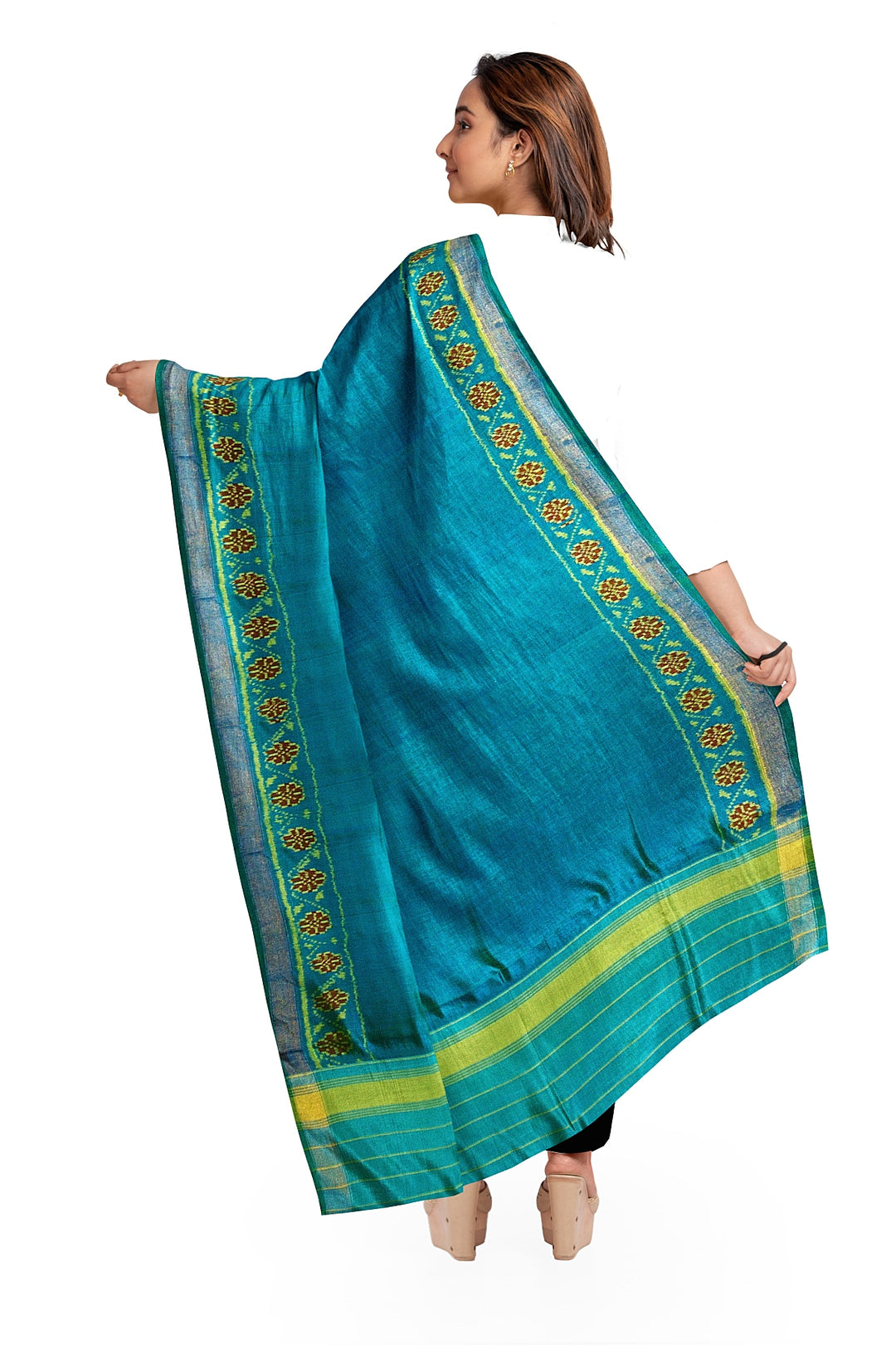 Handloom Patola pure silk dupatta in teal blue with floral pattern in borders