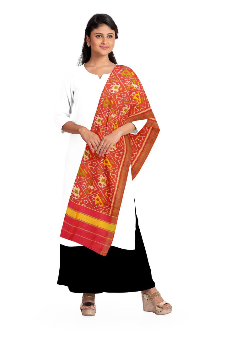 Handloom Patola pure silk dupatta in narikunj pattern in pinkish orange