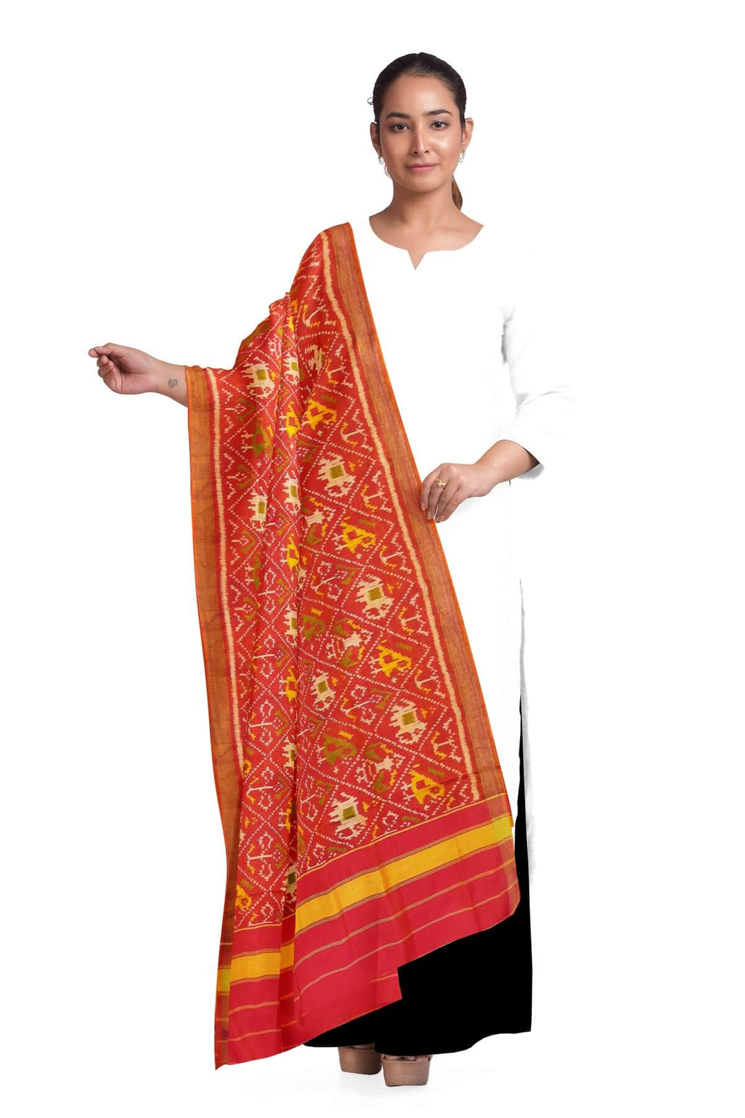 Handloom Patola pure silk dupatta in narikunj pattern in pinkish orange