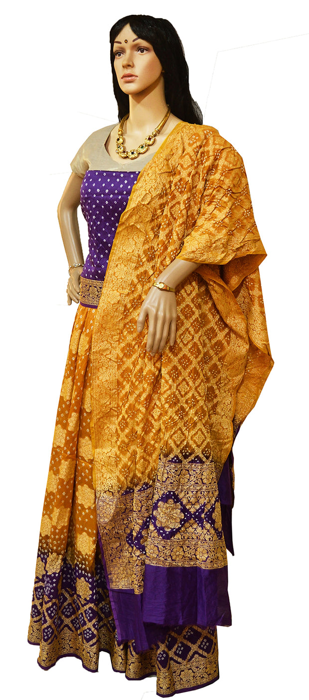 Pure Bandhini Gajji silk Ghagra Choli in mustard  & violet combo  (unstitched)