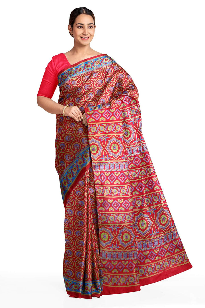 Pure silk saree in red & blue with round & floral motifs   in satin weave