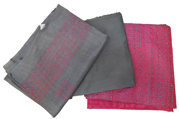 Tussar pure silk  3 piece salwar suit material in pink  & grey