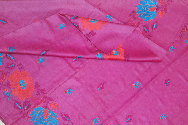 Handloom tussar pure silk dupatta in pink with floral embroidery work