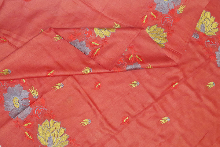 Handloom tussar pure silk dupatta in red with floral embroidery work