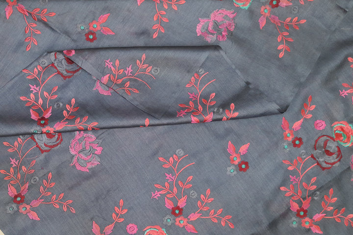 Handloom tussar pure silk dupatta in dark grey with floral embroidery work