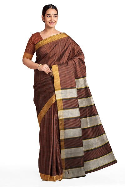 Handloom desi tussar silk saree in brown in self stripes
