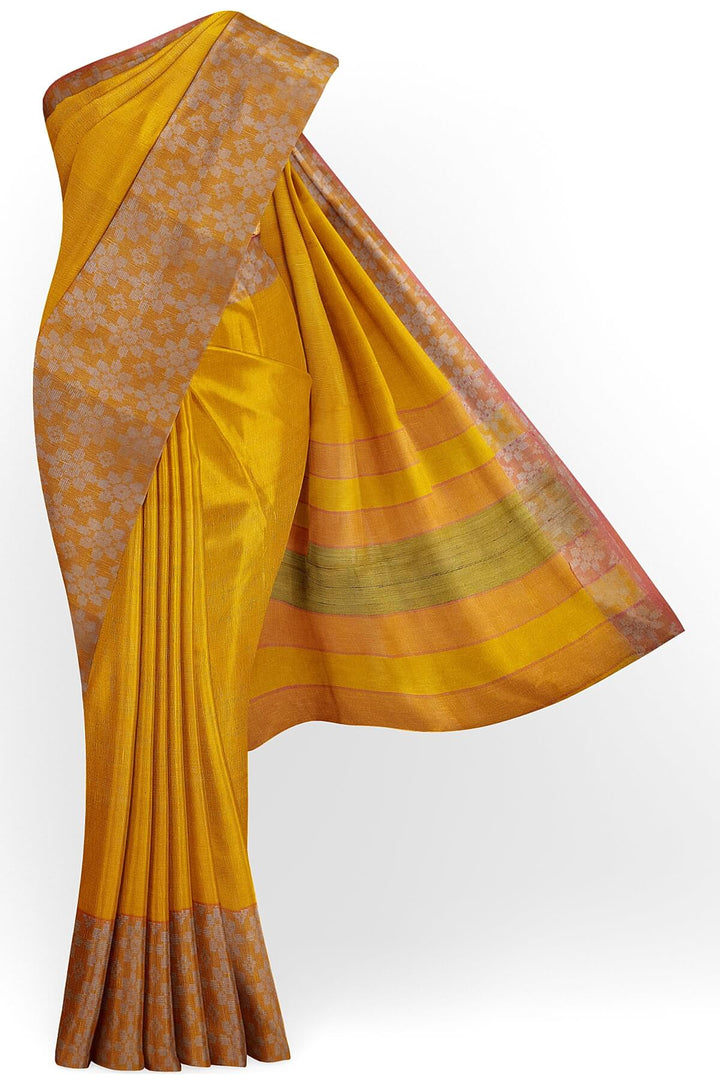 Handloom desi tussar pure silk saree in yellow with floral pattern in border