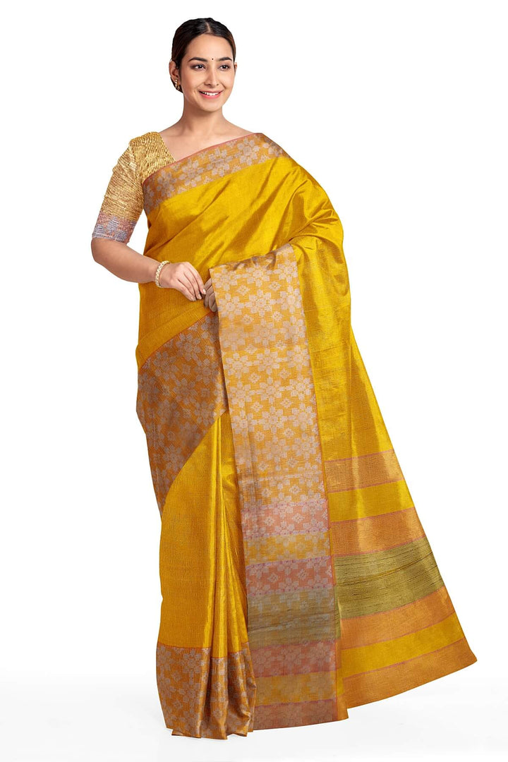 Handloom desi tussar pure silk saree in yellow with floral pattern in border