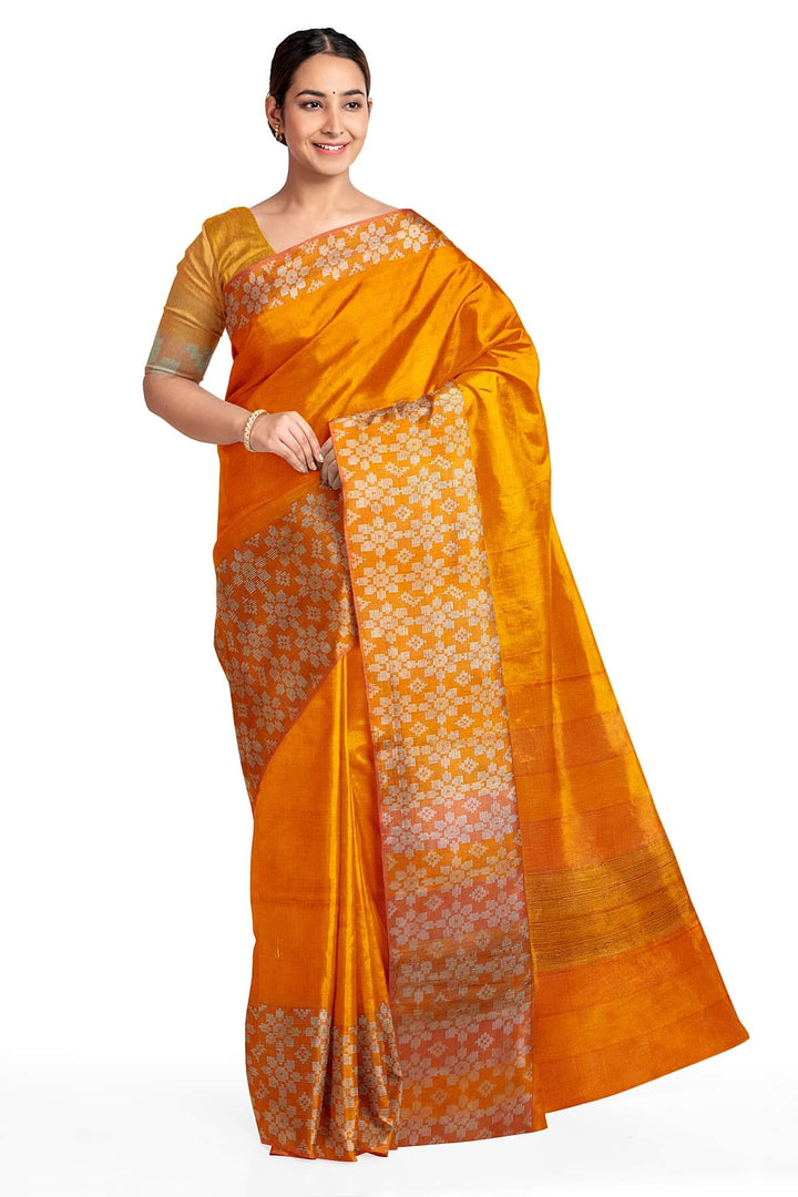 Handloom desi tussar pure silk saree in orange with floral pattern in border