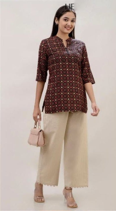 Rayon tunic in bottle green in ajrakh print