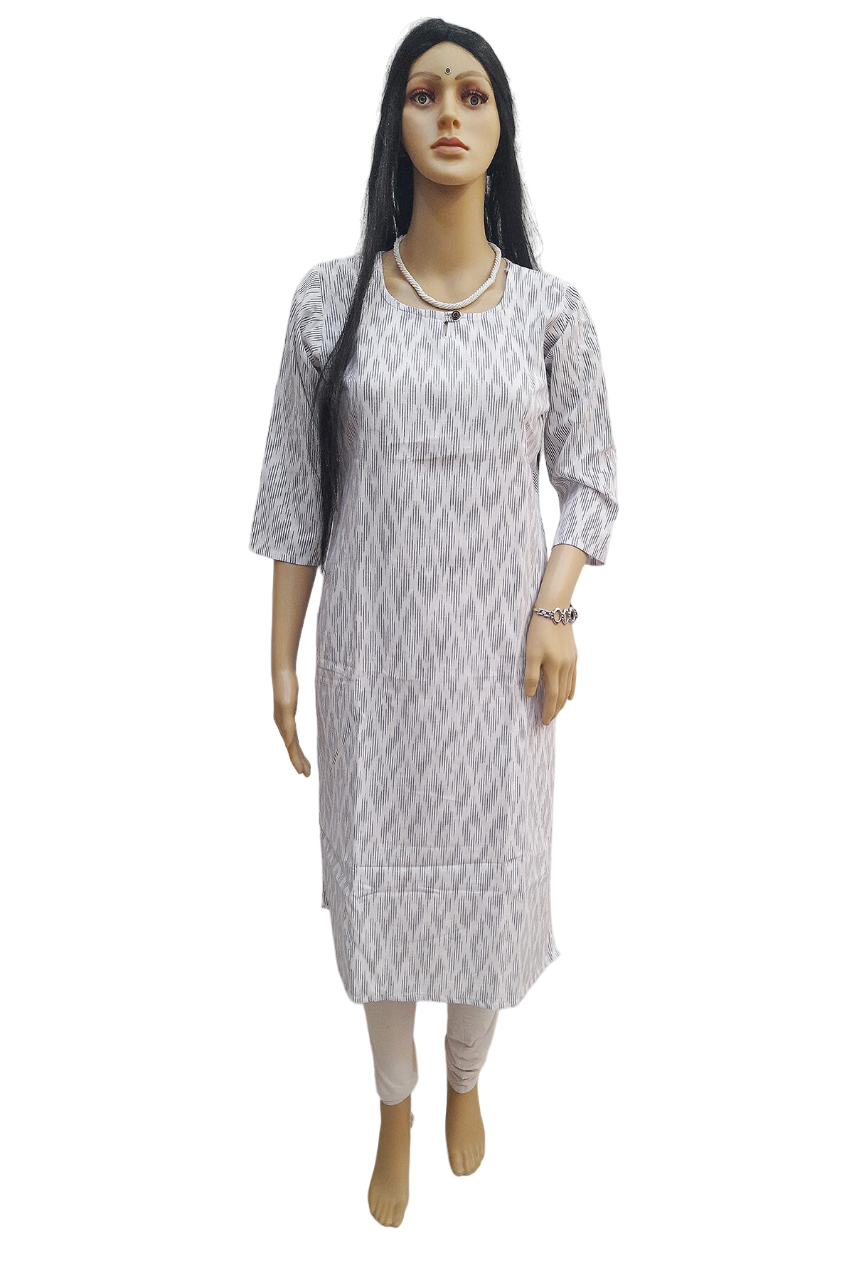Handwoven ikat cotton kurti in straight cut in white