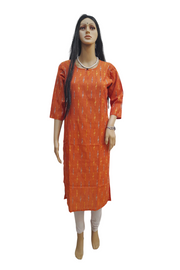 Handwoven ikat cotton kurta in straight cut in rust