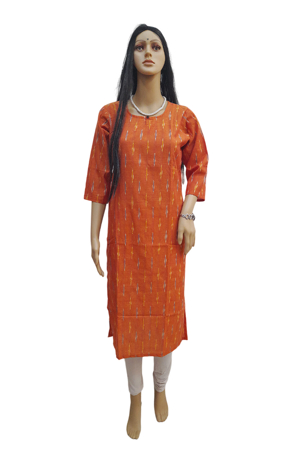 Handwoven ikat cotton kurti in straight cut in rust