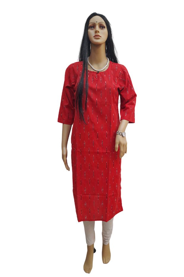Handwoven ikat cotton kurti in straight cut in red