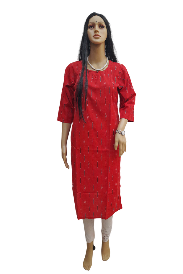 Handwoven ikat cotton kurta in straight cut in red