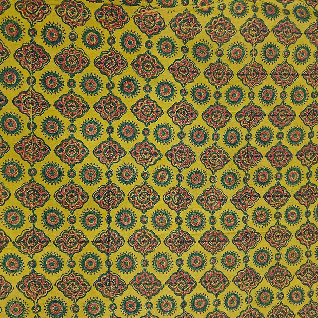 Pure cotton fabric with handblock Ajrakh print   in yellow & green