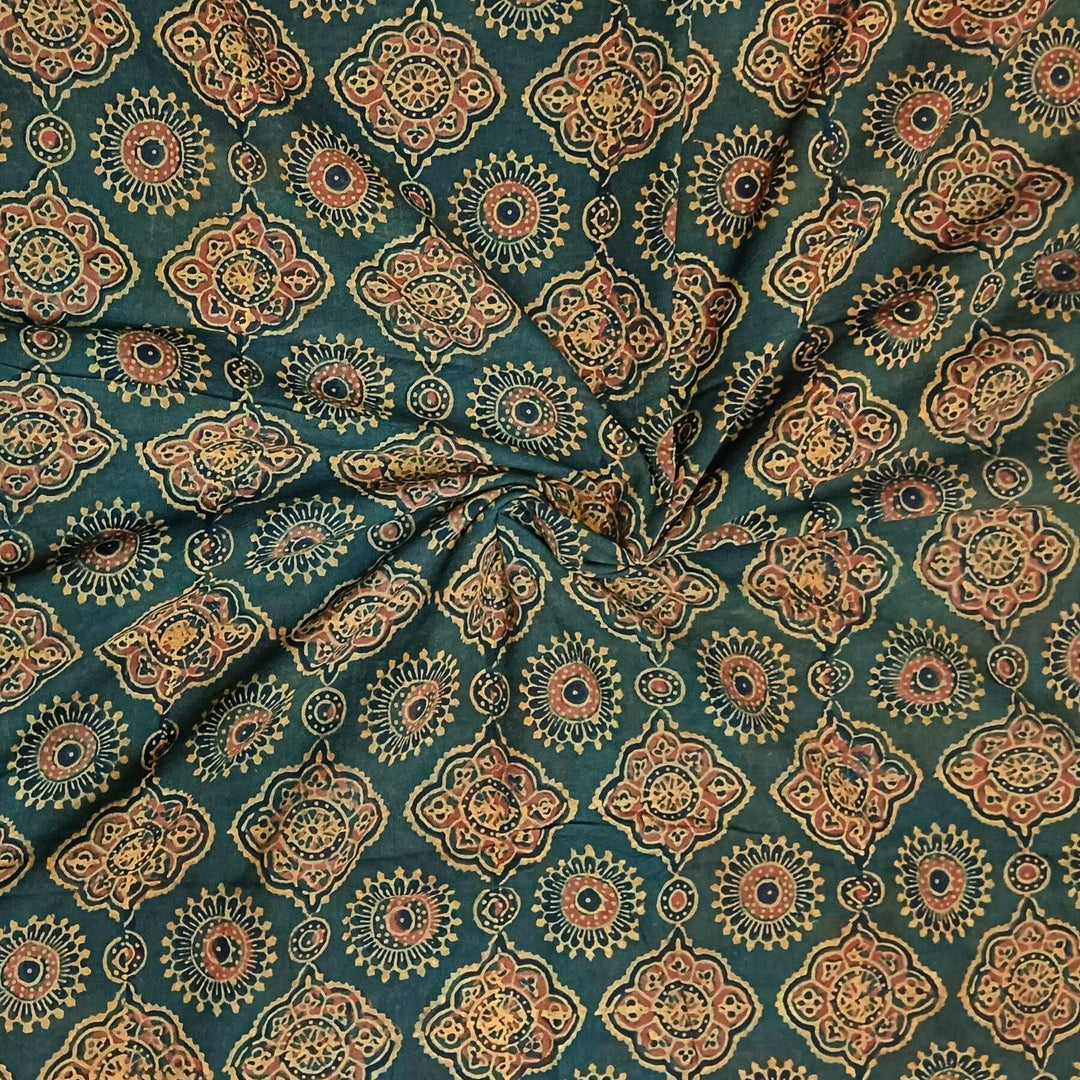 Pure cotton fabric with handblock Ajrakh print   in dark green & yellow