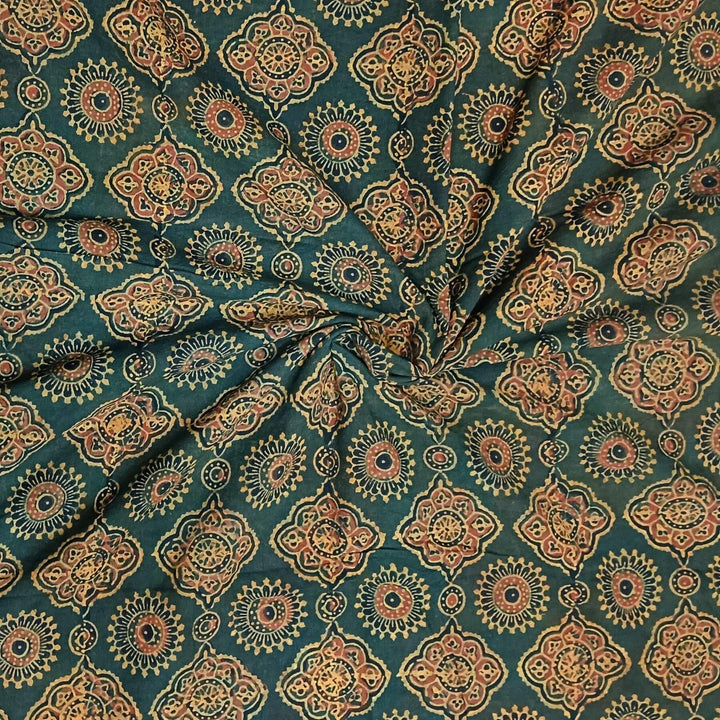 Pure cotton fabric with handblock Ajrakh print   in dark green & yellow