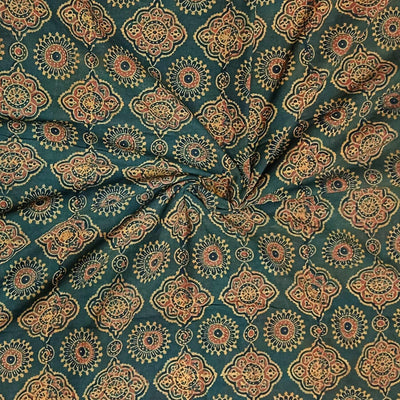 Pure cotton fabric with handblock Ajrakh print   in dark green & yellow