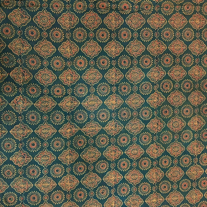 Pure cotton fabric with handblock Ajrakh print   in dark green & yellow