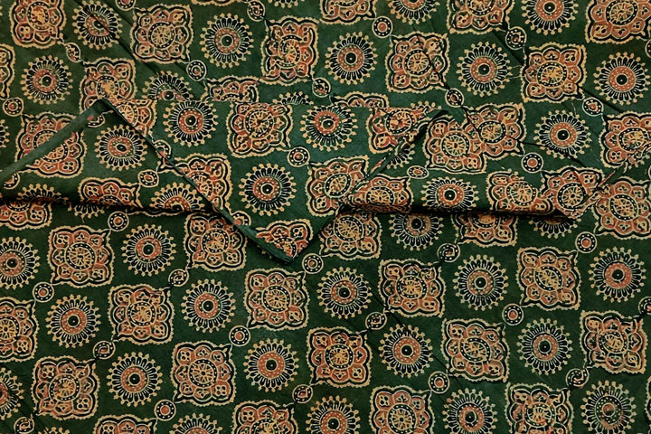 Pure cotton fabric with handblock Ajrakh print   in dark green & yellow