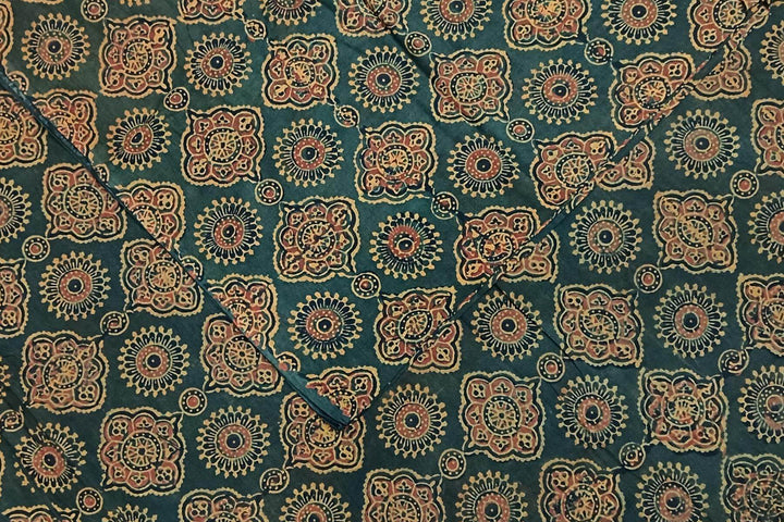 Pure cotton fabric with handblock Ajrakh print   in dark green & yellow