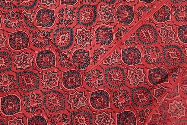 Pure cotton fabric with handblock Ajrakh print   in  maroon & blue