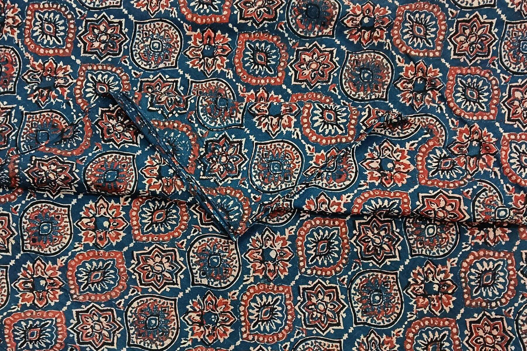 Pure cotton fabric with handblock Ajrakh print   in  blue