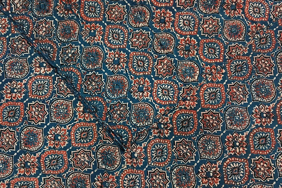 Pure cotton fabric with handblock Ajrakh print   in  blue
