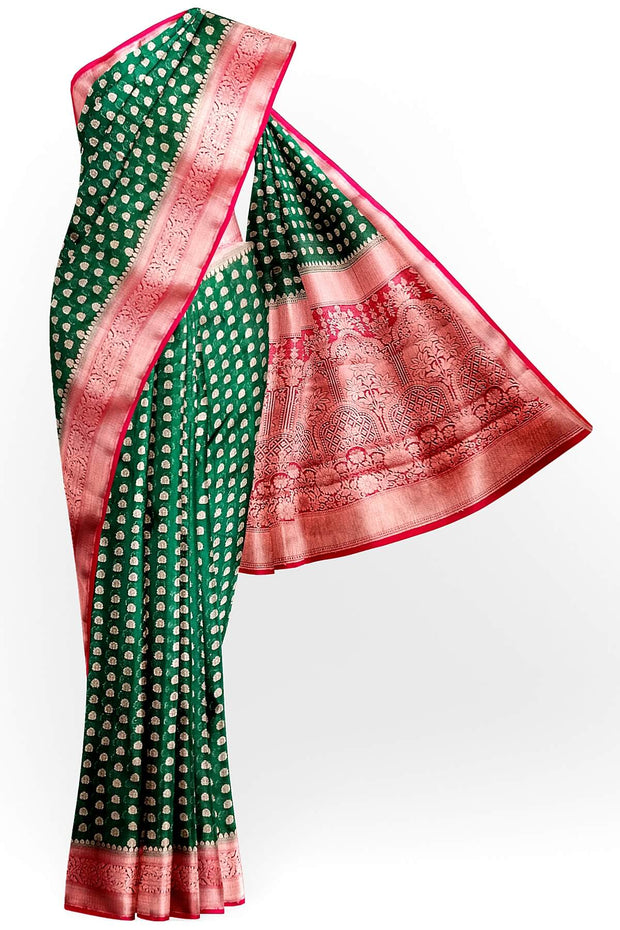 Banarasi georgette saree in bottle green with small  motifs