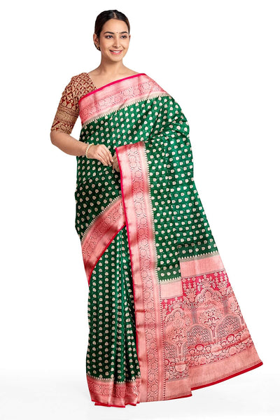 Banarasi georgette saree in bottle green with small  motifs