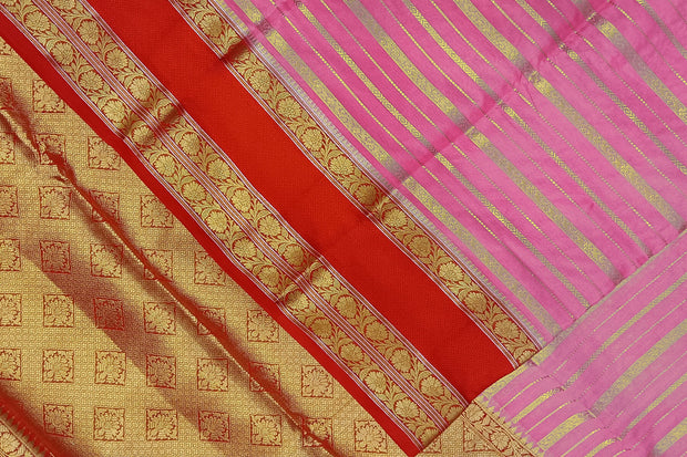 Banarasi khaddi georgette in pink & red with zari stripes