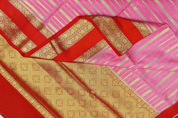 Banarasi khaddi georgette in pink & red with zari stripes