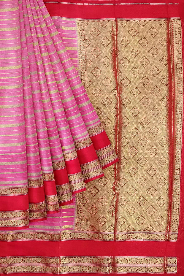 Banarasi khaddi georgette in pink & red with zari stripes