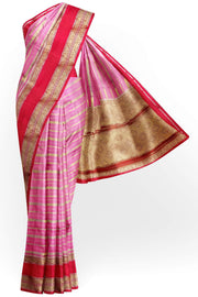 Banarasi khaddi georgette in pink & red with zari stripes