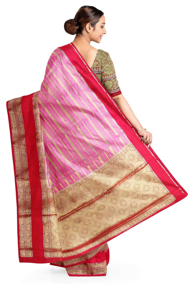 Banarasi khaddi georgette in pink & red with zari stripes