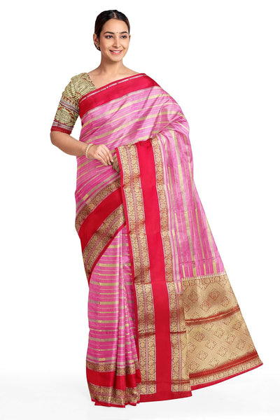 Banarasi khaddi georgette in pink & red with zari stripes