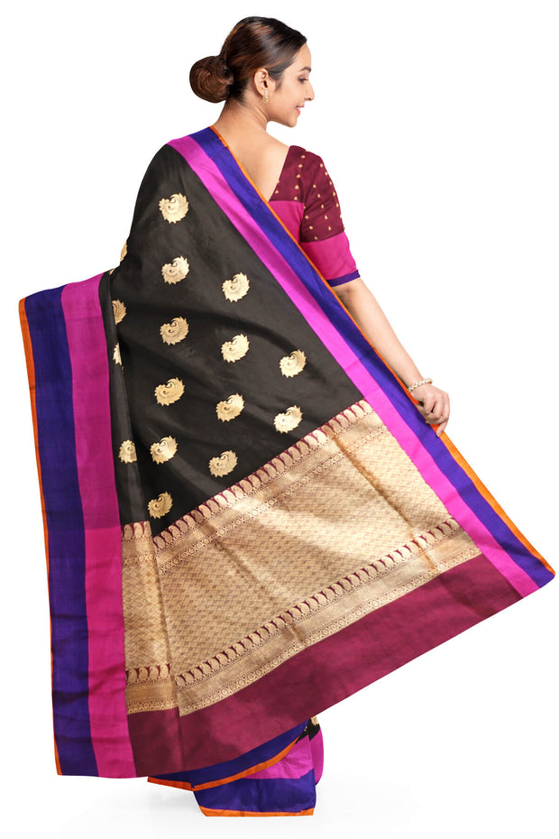 Handloom Banarasi katan pure silk saree in black with floral motifs