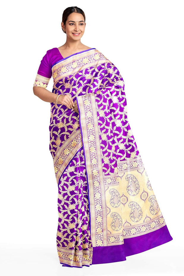 Handloom Banarasi pure silk saree in purple in jaal pattern