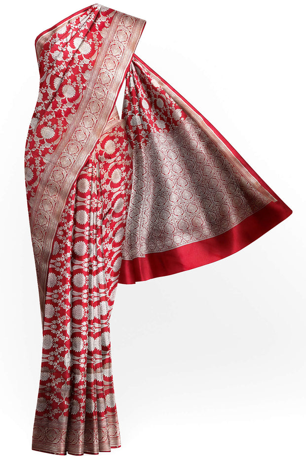 Handloom Banarasi katan pure silk saree in red in  jaal pattern