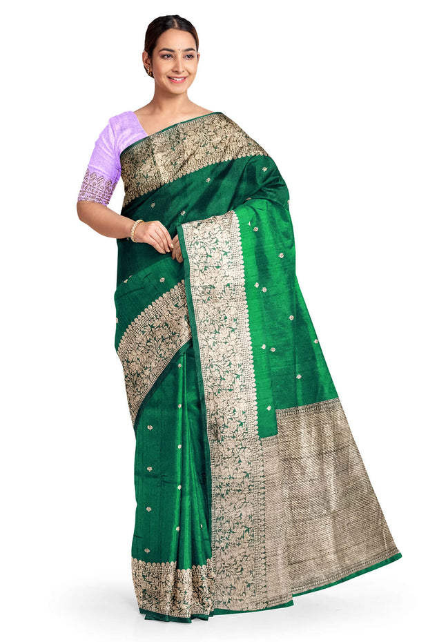 Handloom Banarasi pure silk saree in  bottle green  in dupion finish