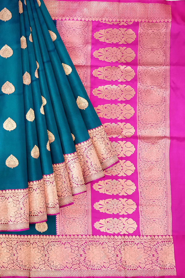 Handloom Banarasi katan pure silk saree in peacock green with  motifs