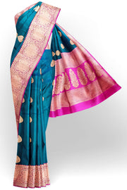 Handloom Banarasi katan pure silk saree in peacock green with  motifs