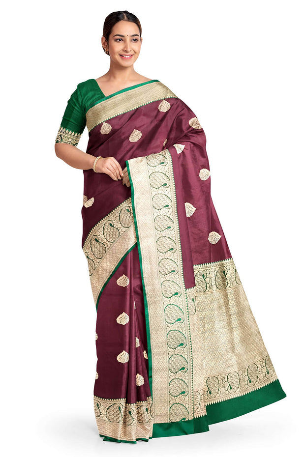 Handloom Banarasi katan pure silk saree in brown with  motifs
