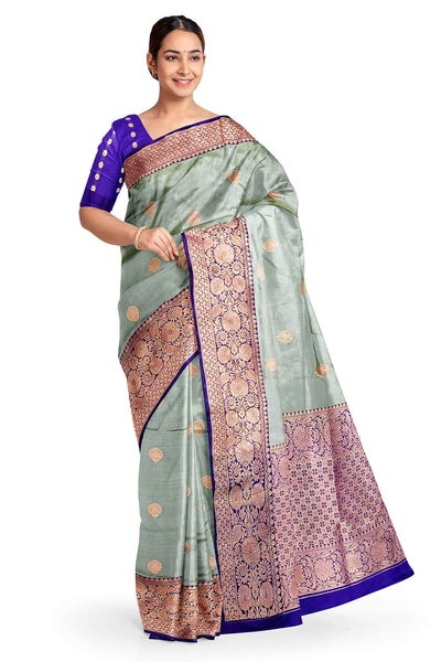 Handloom Banarasi katan pure silk saree in bluish grey with  motifs