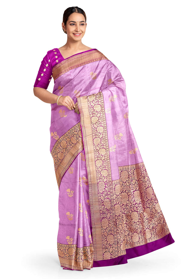 Handloom Banarasi katan pure silk saree in pink with floral motifs