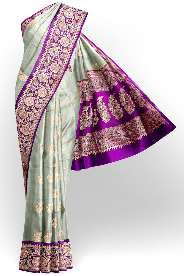 Handloom Banarasi katan pure silk saree in greenish grey with  motifs