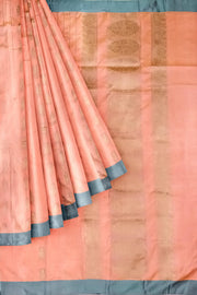 Banarasi katan pure silk saree in peach with stripes & floral motifs in gold.