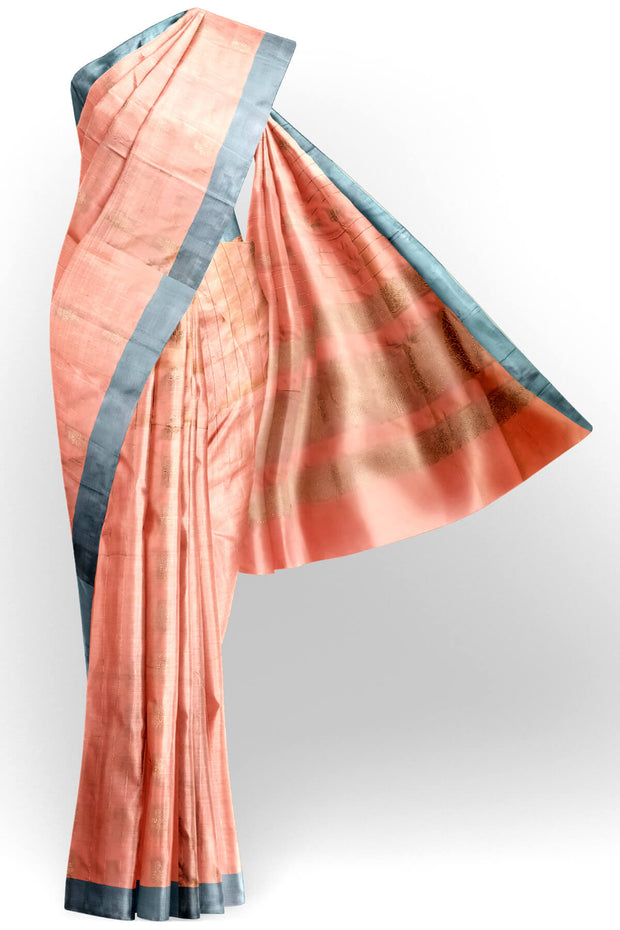 Banarasi katan pure silk saree in peach with stripes & floral motifs in gold.