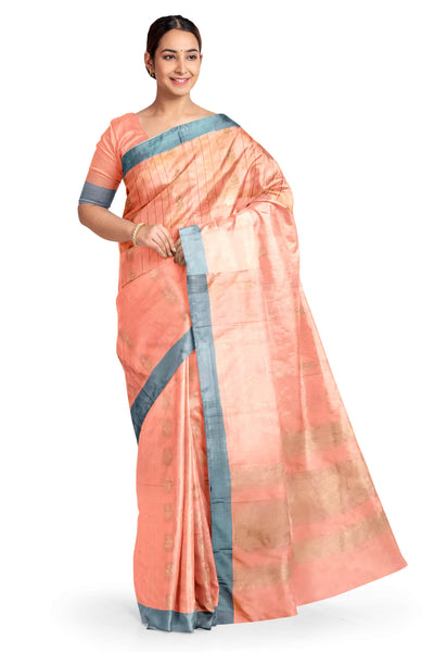 Banarasi katan pure silk saree in peach with stripes & floral motifs in gold.